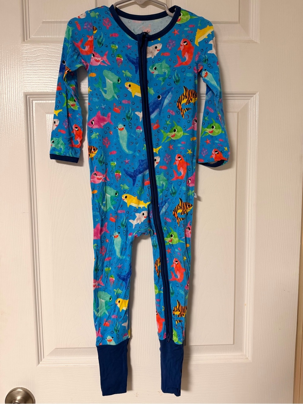 Blue baby shark and Sea Creatures One-Piece Zipper Pajama - Bamboo